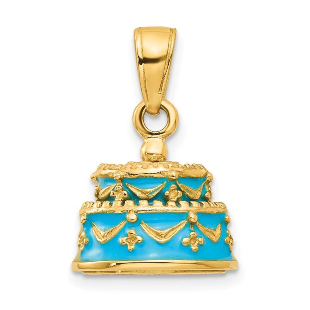 14k Yellow Gold Light Blue Enameled Happy Birthday Cake Pendant, 12mm